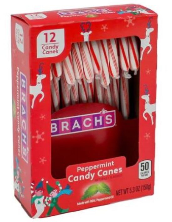 A 12 oz package of Braches peppermint candy canes, featuring red and white striped designs, ideal for holiday treats.