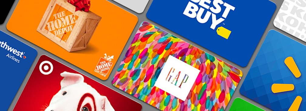 A collage of various colorful gift cards featuring brands like Best Buy, The Home Depot, and Gap. The design is vibrant and festive.