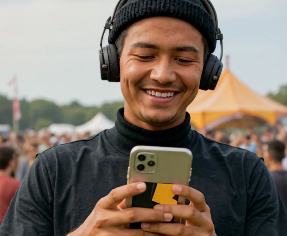 A smiling person wearing headphones and a beanie looks at a smartphone outdoors. A blurred festival crowd and tent are visible in the background, creating a joyful atmosphere.