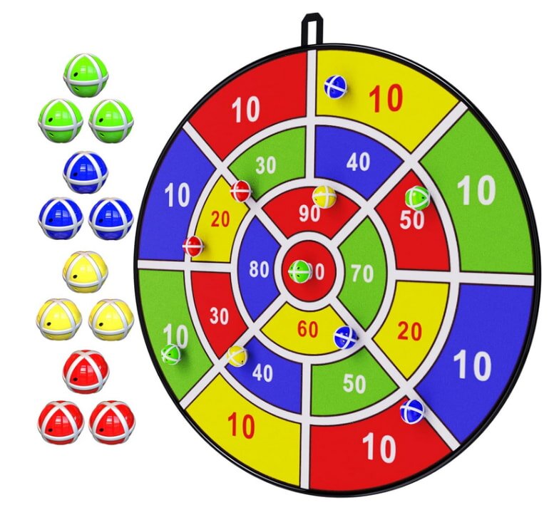 A dart board featuring colorful balls and numbered sections, showcasing a vibrant game setup.