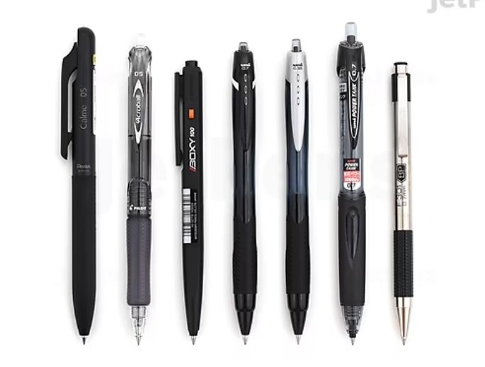 Seven black and silver pens arranged in a row, showcasing various designs and styles on a white background.