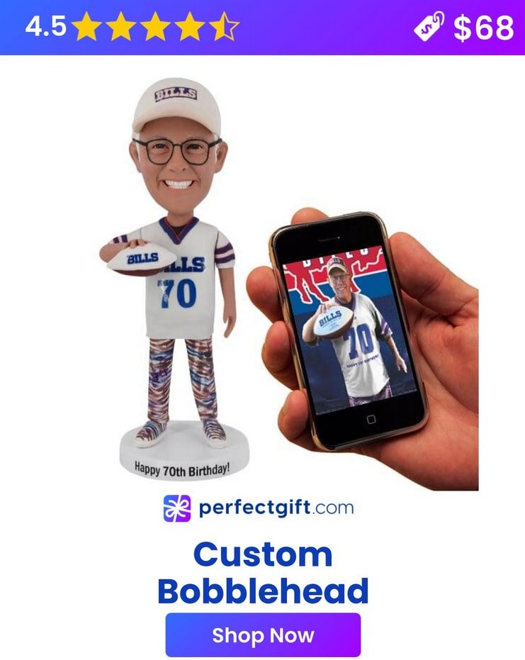 Custom bobblehead in sports attire beside a phone displaying the same image. PerfectGift.com offers it for $68.
