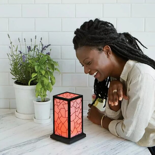 A smiling woman holds a lamp beside a table, creating a warm and inviting atmosphere in the room.