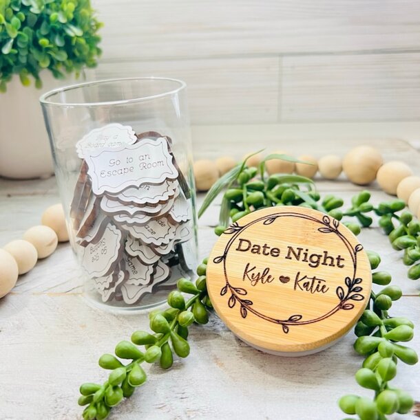 Wooden wedding favor labeled "date night," featuring elegant design and personalized details for guests.