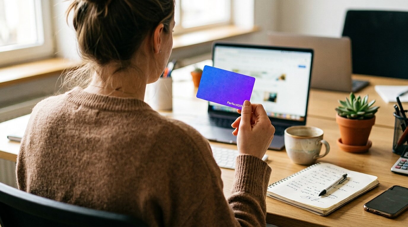 A woman seated at a desk holds a credit card, appearing focused on her financial task. 