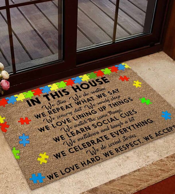 A house displaying repeated text emphasizing the word "autism" multiple times, highlighting awareness and support for autism.
