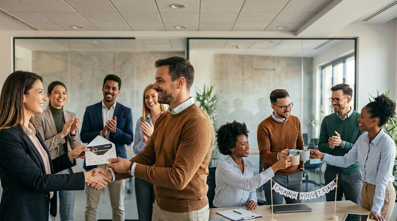 Hand holding red gift card with gold bow
