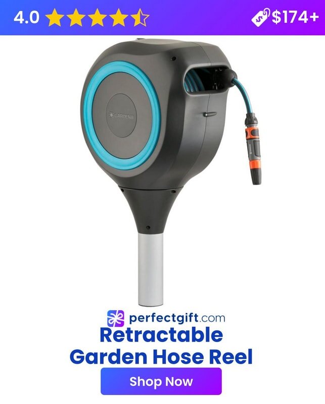 Retractable garden hose reel with a sleek black and blue design. 