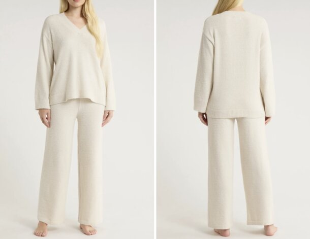 Cream-colored long sleeve pajama set laid out flat, showcasing its soft fabric.