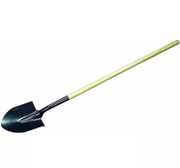 A shovel featuring a wooden handle and a black metal blade, suitable for various digging tasks.