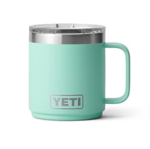 Mint green Yeti mug featuring the word "Yeti" prominently displayed on its side.