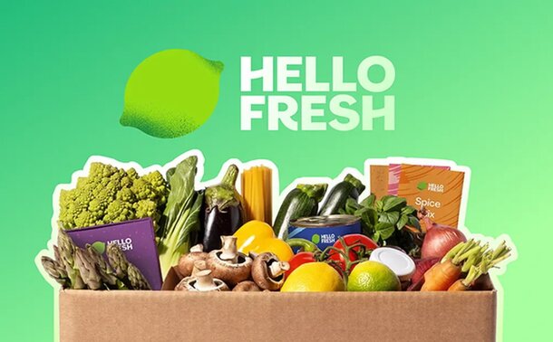 Hello Fresh logo with fresh ingredients, representing a meal kit delivery service that brings fresh food to your door.