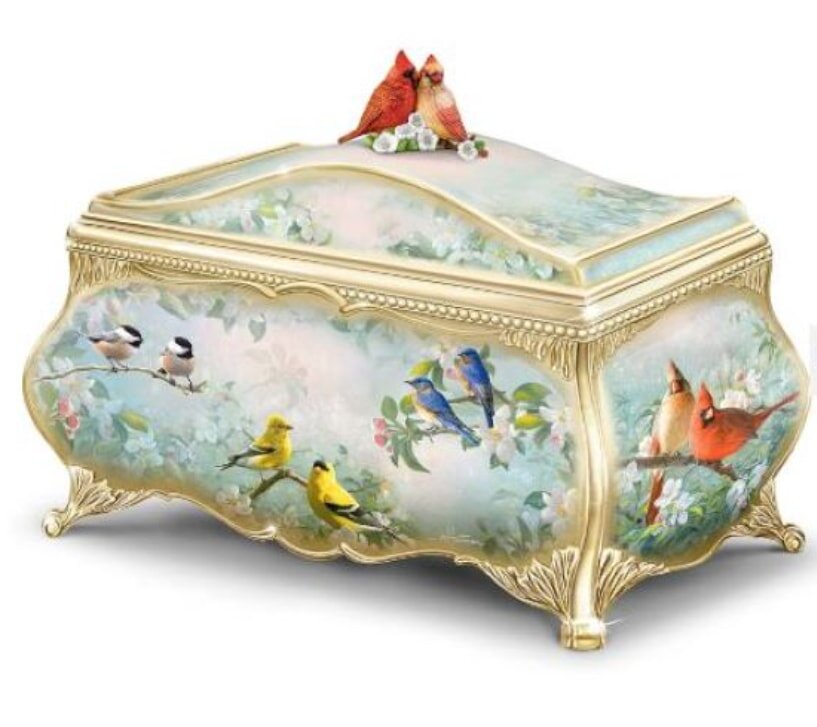 Decorative music box with birds on lid and sides