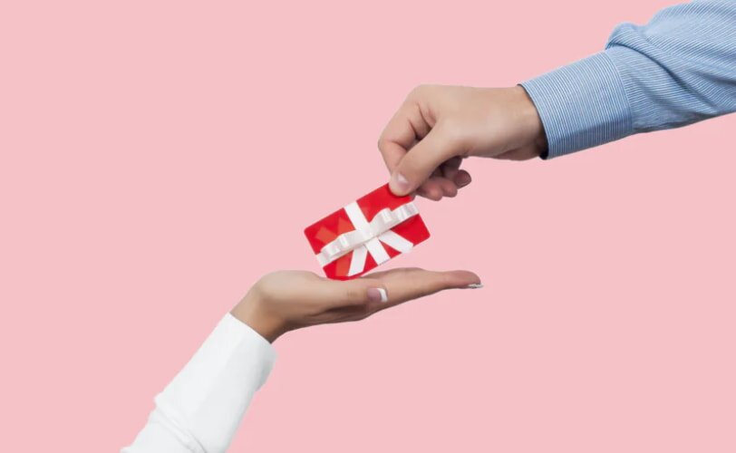 The images show a man offering a gift to a woman, emphasizing their happy exchange and shared moment.