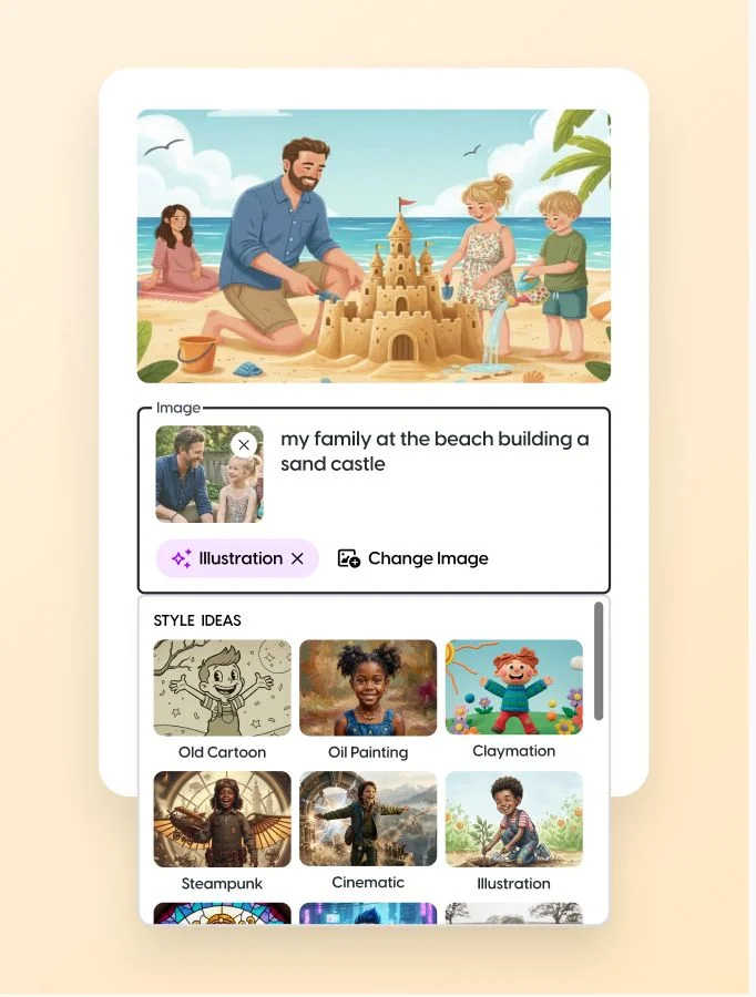 Perfect Artist image generator showing a beach family sand castle illustration with style options