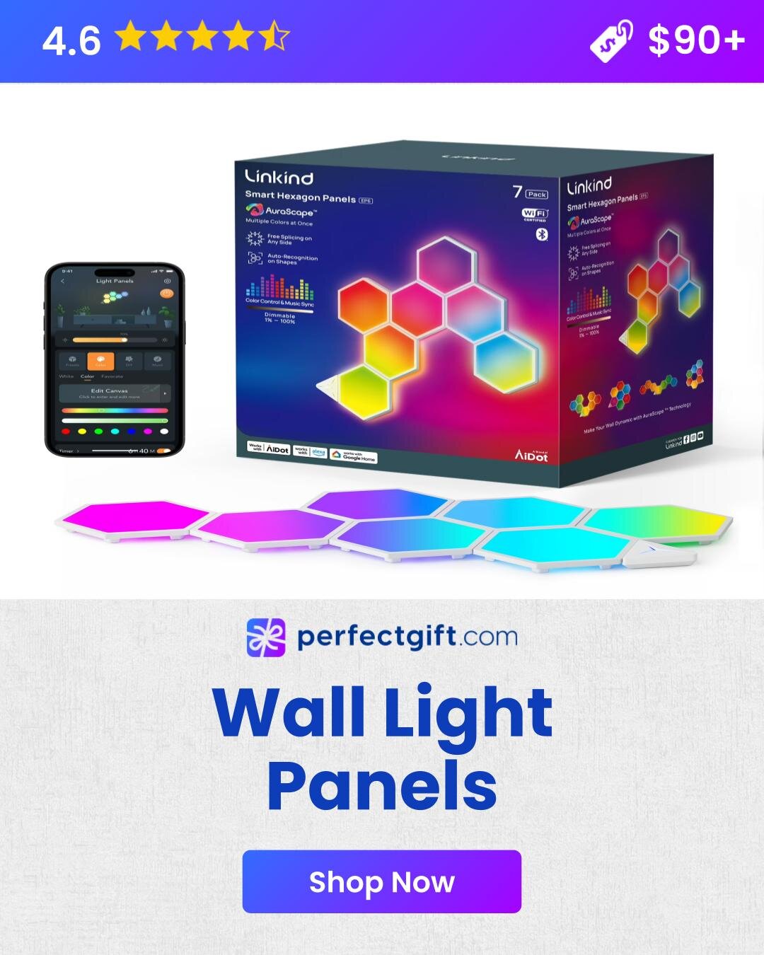 Smart hexagon wall light panels with app control, rated 4.6 stars, priced over $90. Available at perfectgift.com.