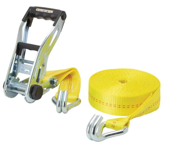 A yellow rope featuring a hook and a strap, designed for securing or lifting objects.