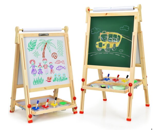 Two wooden easels displaying chalkboards, accompanied by colorful markers for writing or drawing.