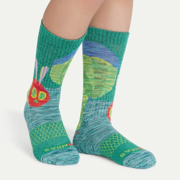 Colorful socks featuring illustrations of the Very Hungry Caterpillar, perfect for fans of the classic children's book.