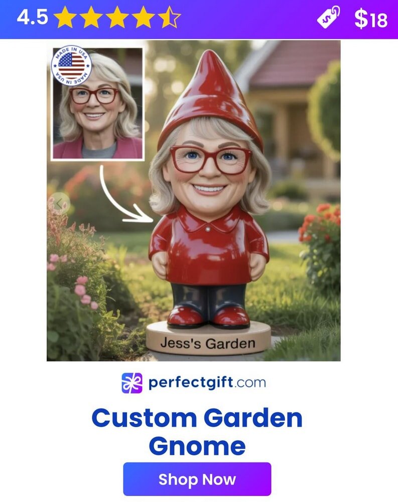 Custom garden gnome with red hat and glasses, personalized as "Jess's Garden." Made in USA, rated 4.5 stars, $18.