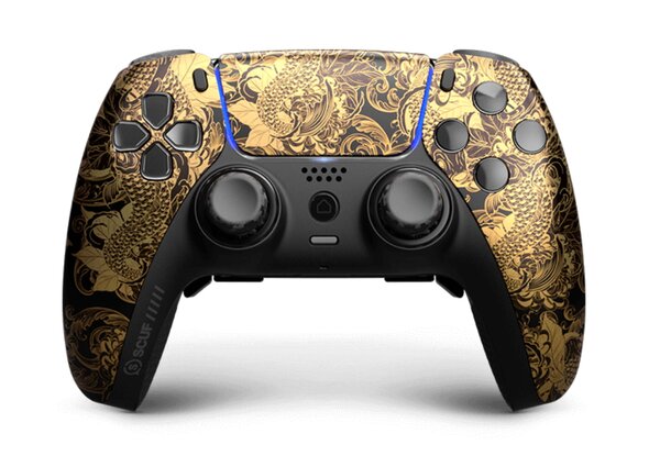 Gold dragon skin design for a PS4 controller, featuring intricate scales and a fierce dragon motif.