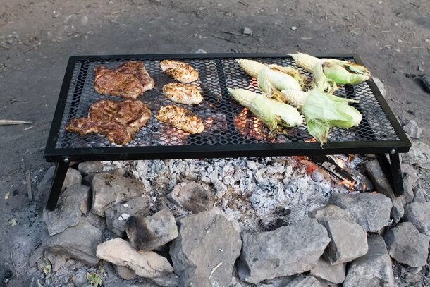 A grill filled with sizzling meat and colorful vegetables, showcasing a delicious outdoor cooking scene.
