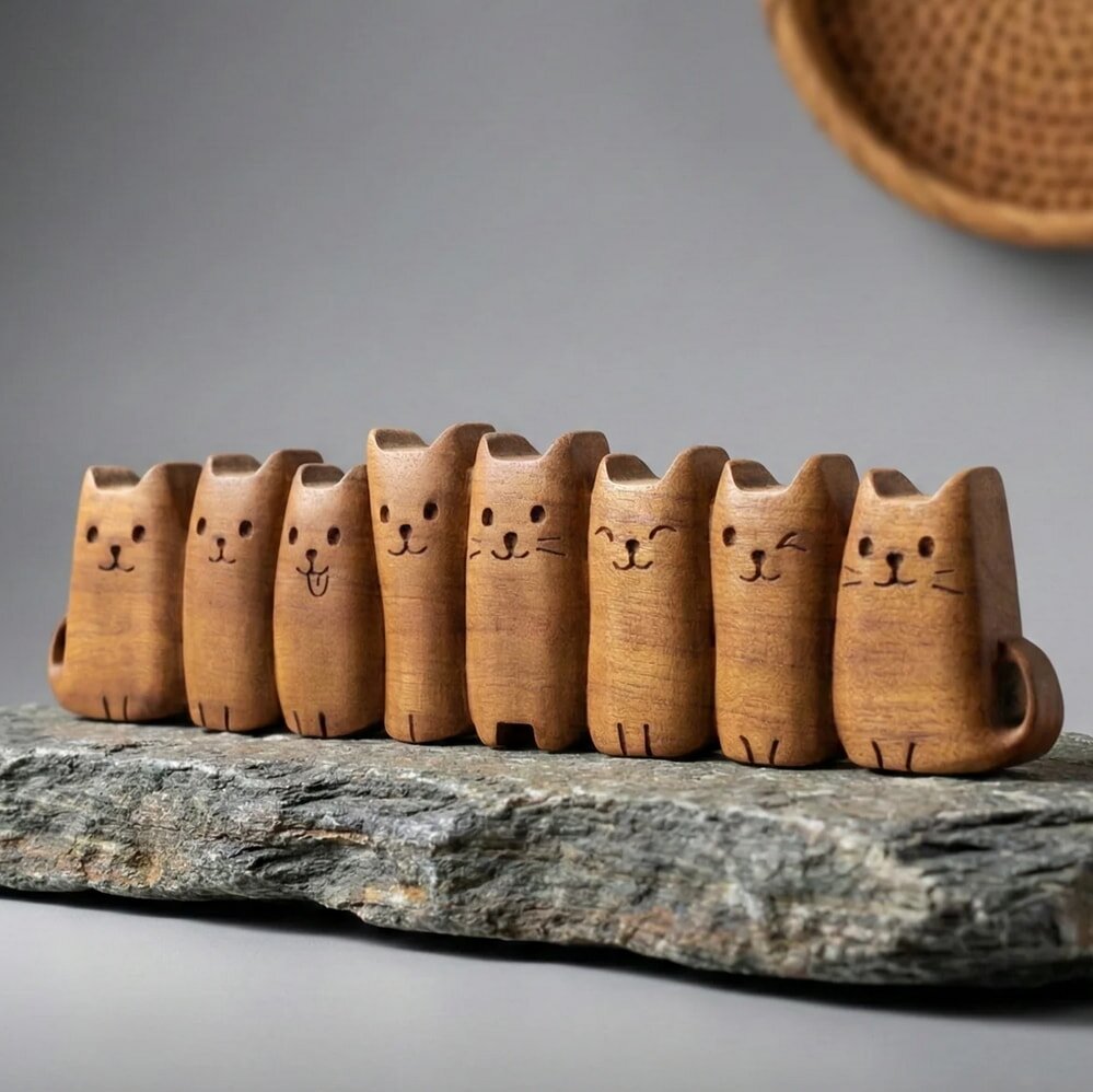 Eight wooden cat figurines with simple carved faces, each showing different expressions, are lined up on a textured stone slab. The tone is playful and whimsical.