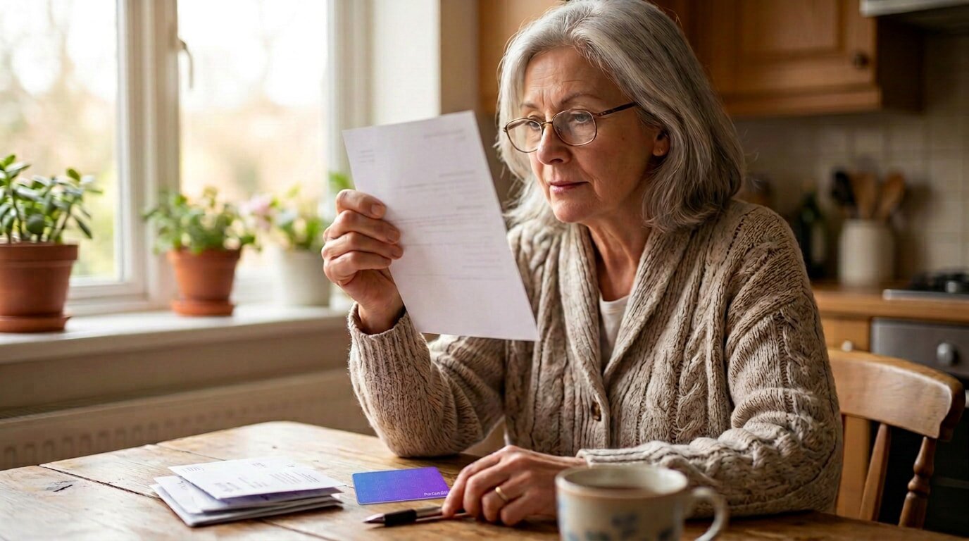 An older woman reading a document at a table, focused and engaged in her task. 