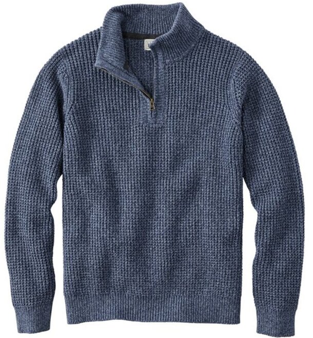 A close-up of a blue knit men's sweater, highlighting the fabric and craftsmanship.  
