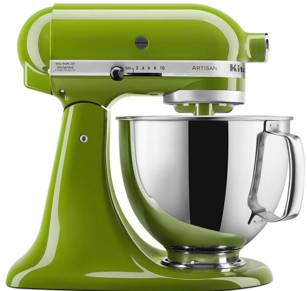 Lime green KitchenAid KSM-5100 5-quart Artisan stand mixer on a white background, showcasing its sleek design.
