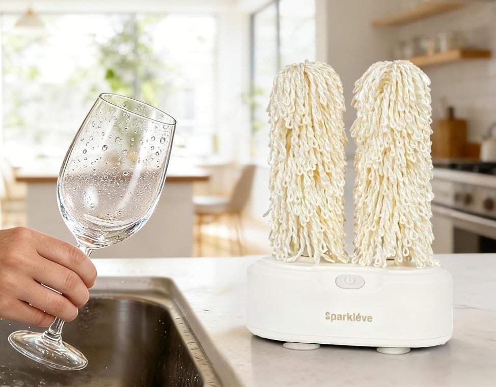 A hand holds a wet wine glass above a sink. To the right, a Sparklève electric glass washer with two mop-like brushes stands on a countertop. Bright kitchen setting.