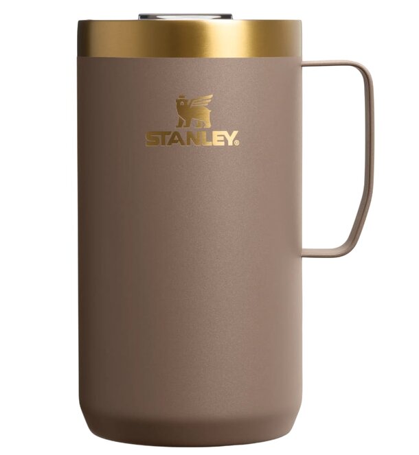 Stanley insulated mug with a sturdy handle, designed for keeping beverages hot or cold for extended periods.