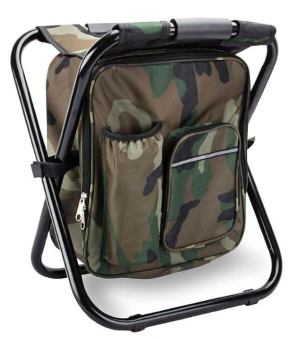 Outdoor folding chair in camouflage pattern, ideal for picnics and outdoor activities.