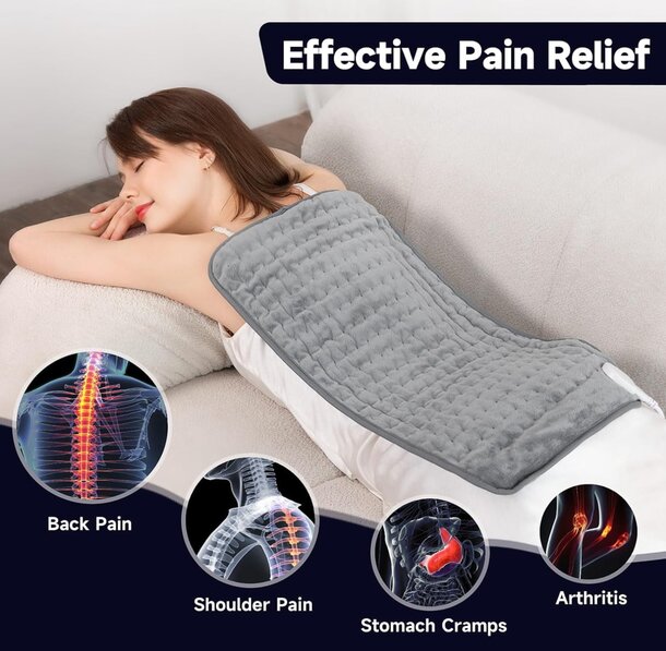 Electric heating pad designed for back pain relief, featuring adjustable heat settings and a soft, comfortable cover.