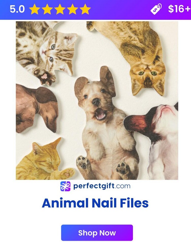 Animal-shaped nail files featuring cute cats and dogs, rated 5 stars, priced at $16+, available at perfectgift.com.