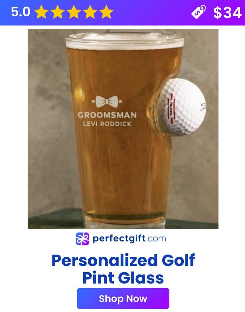 Personalized golf pint glass with a golf ball holder and custom engraving, priced at $34 with a 5-star rating.