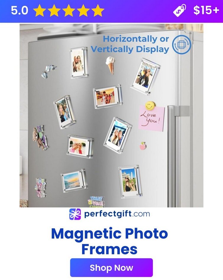 Magnetic photo frames on a fridge display pictures, notes, and magnets. PerfectGift.com offers them for $15+. Shop now!