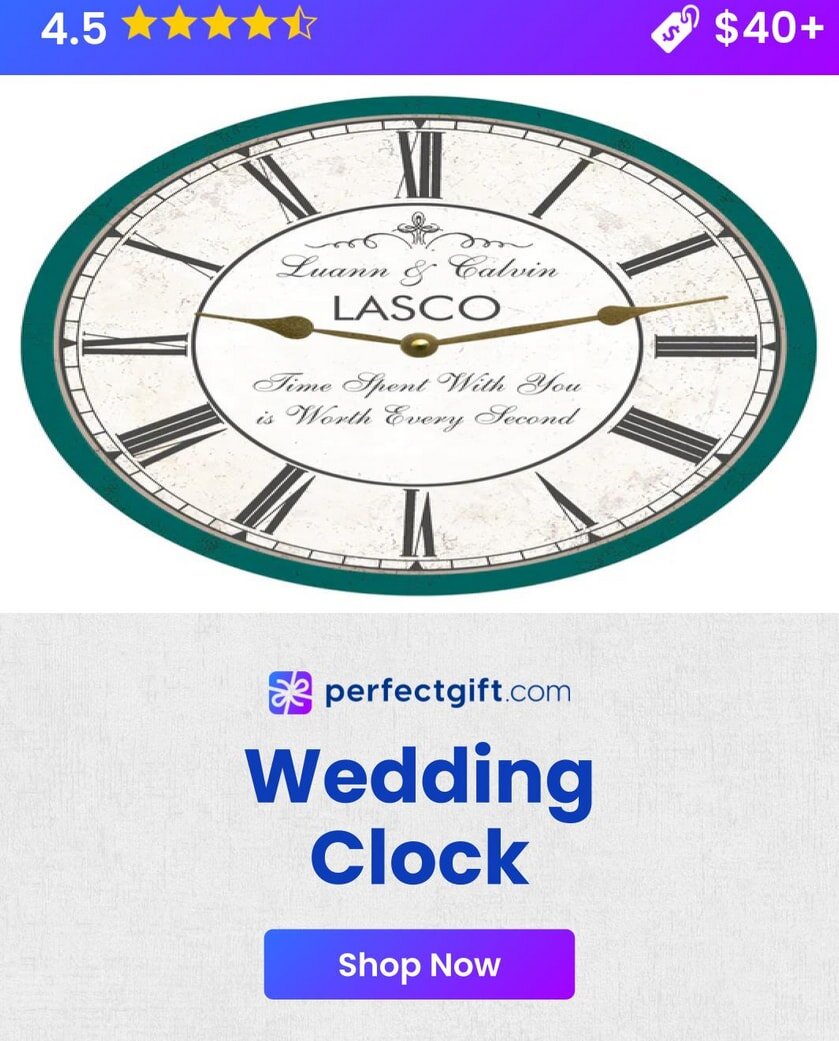 Wedding clock with Roman numerals and personalized text. Rated 4.5 stars, priced $40+. Shop now at perfectgift.com.