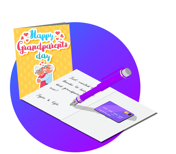 Two customized greeting cards. One opened with text and a gift card inside. 