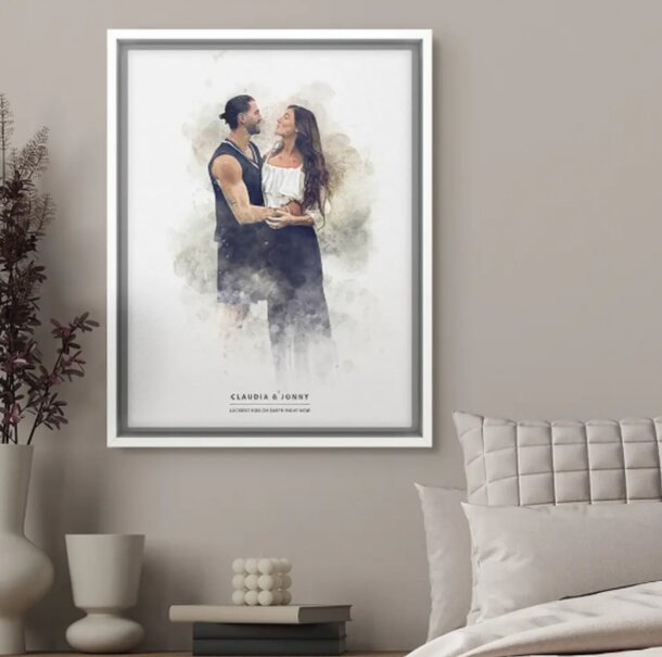 Watercolor portrait of a couple, showcasing their affection in soft, blended colors and gentle brush strokes.