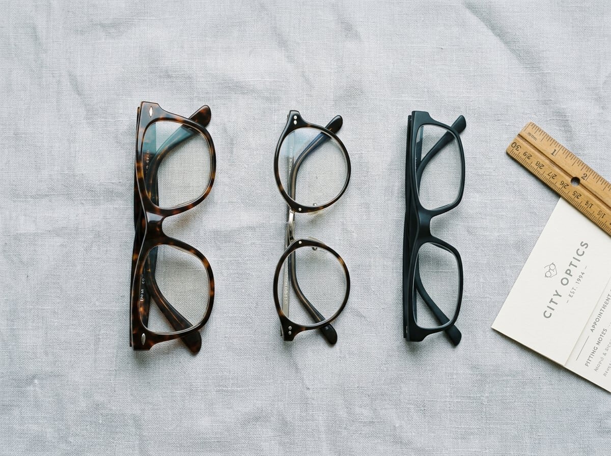 Different eyeglass frames laid out to illustrate how frame fit varies — width, bridge, and temple all affect comfort