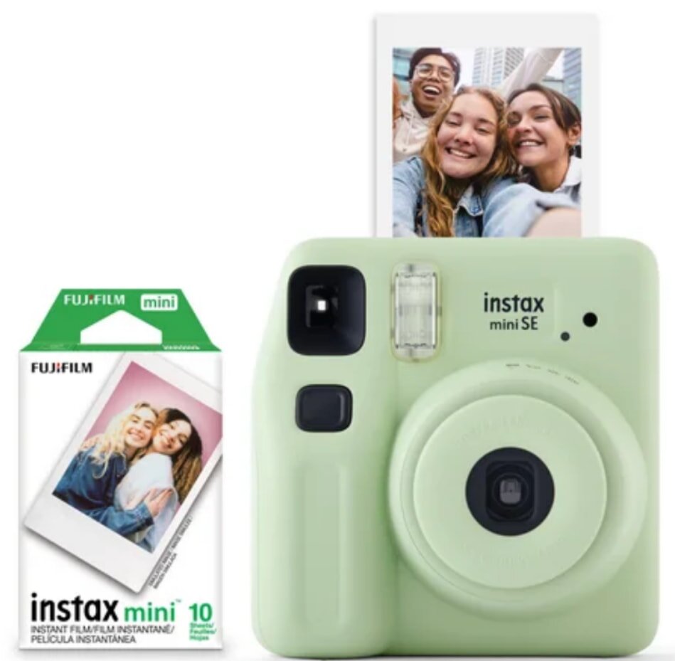 Fujifilm Instax Mini 9 instant camera with a pack of instant film, showcasing its compact design and vibrant color options.