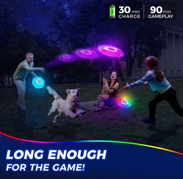 A family enjoying a sunny day, playing fetch with their dog and a frisbee in a grassy area.