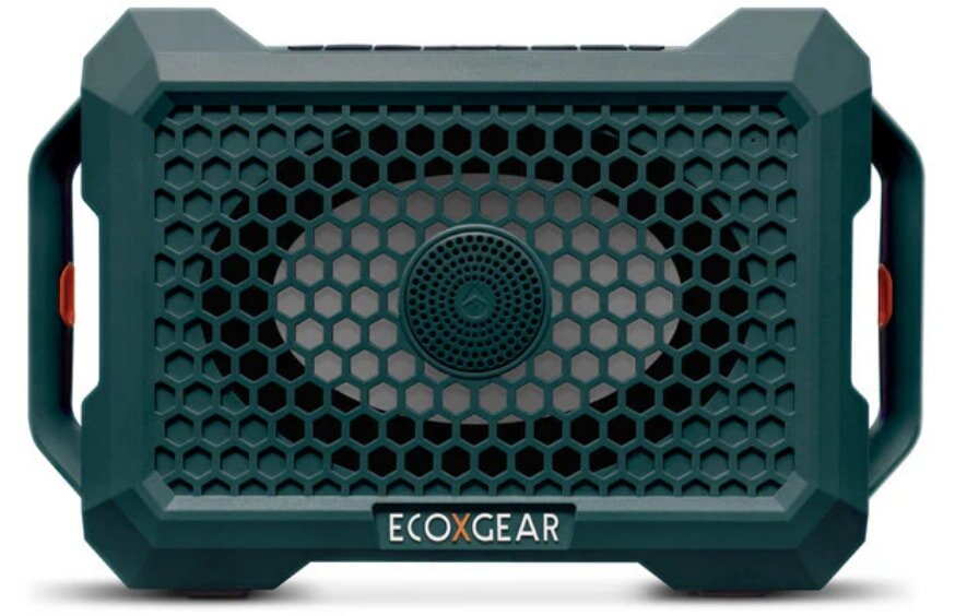 Ecogear e-battery powered speaker, showcasing a sleek design and portable features for outdoor audio enjoyment.