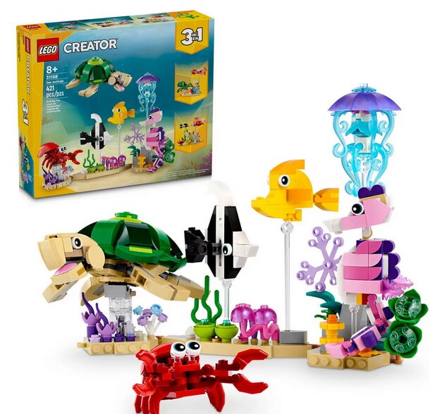 LEGO ocean creatures set featuring a turtle, colorful fish, and various sea creatures in a vibrant underwater scene.