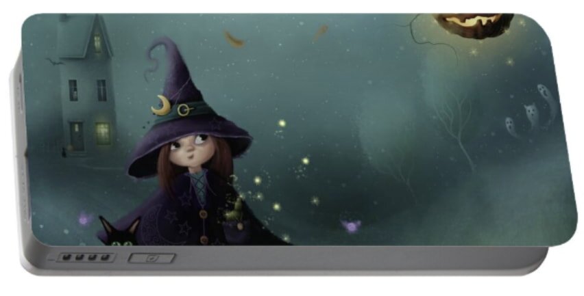 A whimsical illustration of a young witch in a purple hat, holding a black cat. She stands near a haunted house, with glowing stars and a carved pumpkin in the misty night sky.
