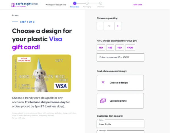 Webpage screenshot showing steps to customize a Visa gift card with a dog image and text fields for personalization.
