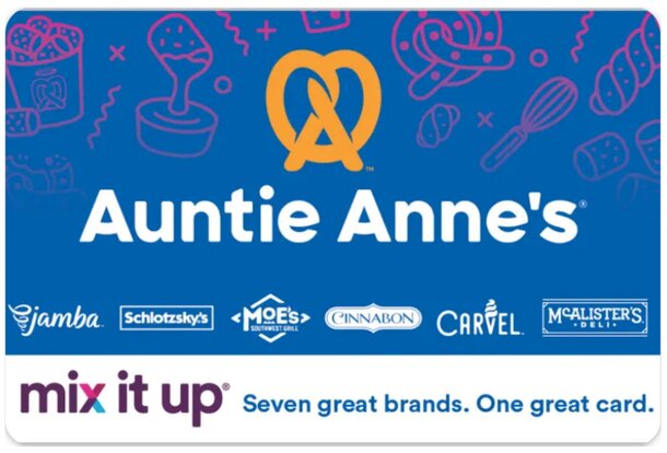 Auntie Anne's gift card featuring the brand logo and a colorful design, perfect for enjoying pretzels and snacks.
