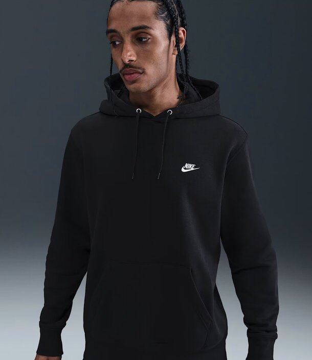 Black Nike hoodie featuring a prominent white logo on the front.