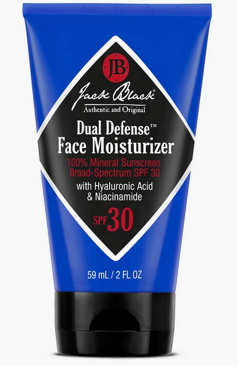 Jack Black Dual Defense face moisturizer bottle with a sleek design, featuring SPF protection for skin hydration and defense.  